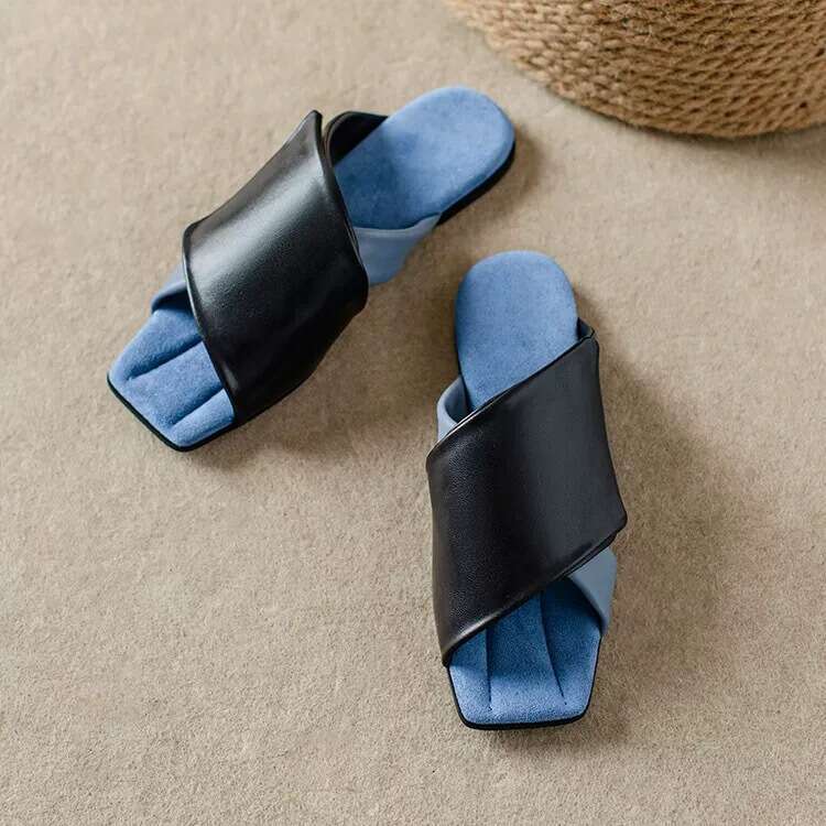 Sheepskin Version ~ Korean Style Color-Block Hook and Loop Flat Sandals for Women Outdoor Wear 2025 Summer New Fashionable Slippers