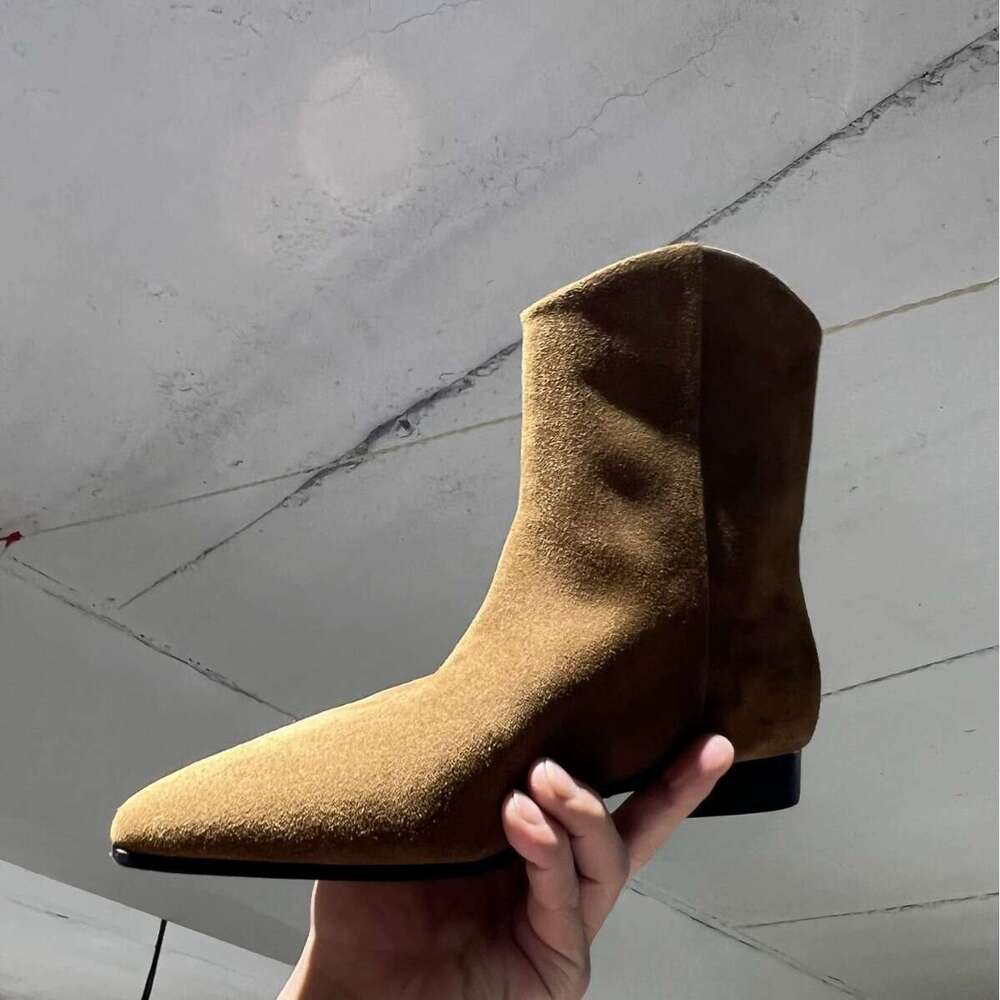 Korean Style Genuine Leather Suede Pointed Toe Chunky Heel Flat Skinny Short Western Cowboy Women's Martin Boots