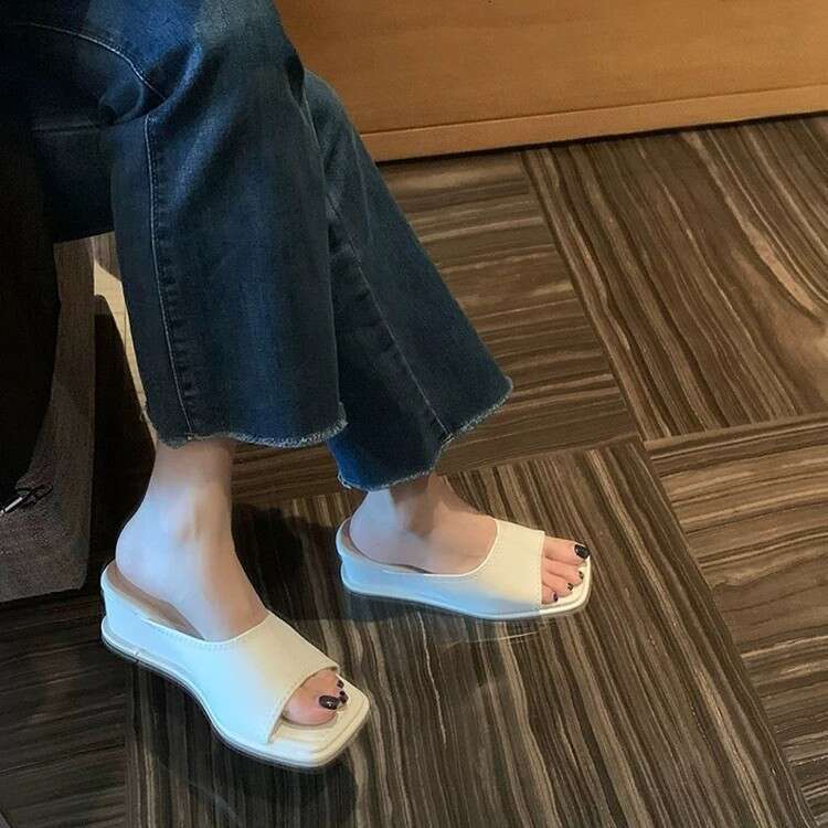 Cowhide Version ~ Korean Square Wedge Open Toe One-Strap for Women Outdoor 2025 Summer Fashion High Heel Sandals