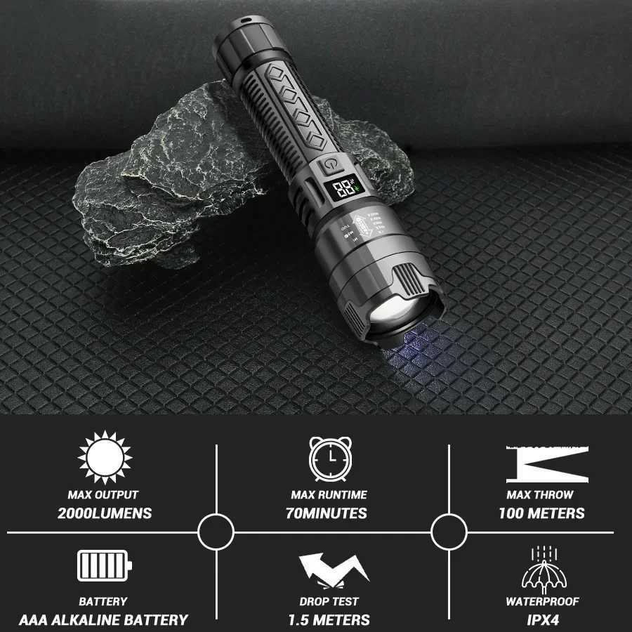 High Power 2000LM LED Flashlight with Built-in Battery USB Rechargeable Strong Light Tactical Torch for Outdoor Camping and Hiking Lantern XJ250529