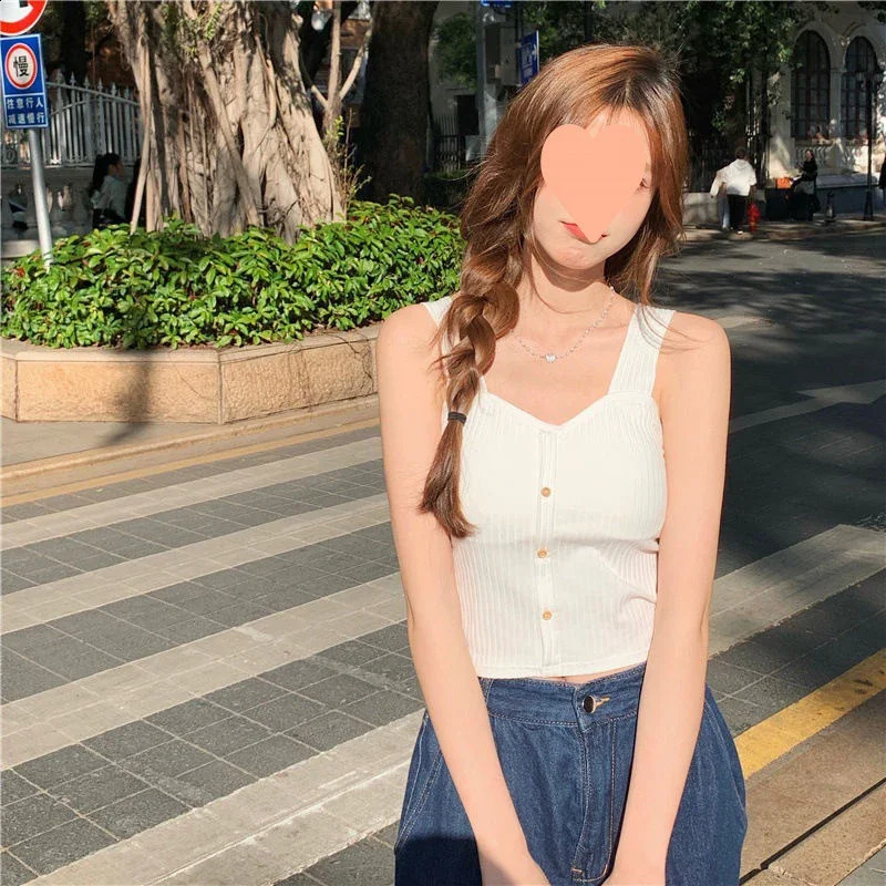 1pcs Summer Girls Cute Button Padded Bra Tank Top Women Casual Strap Vest Female Camisole With Built In Camis Ladys top 250527
