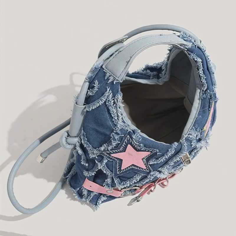 y2k Hot Girl style pink five-pointed star applied-designed fringed denim crossbody bag A-DH XJ250604