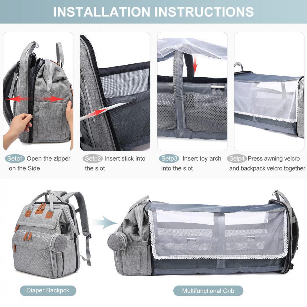 Waterproof 3 In 1Diaper Bag Backpack Foldable Baby Bed Travel Bag with USB Charge Diaper Bag Backpack with Changing Bed 3 types
