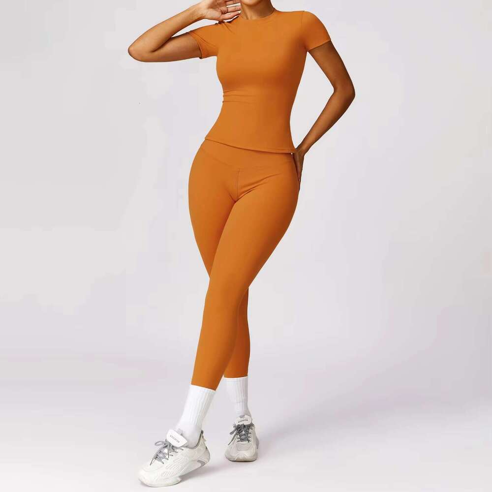 2025 Women's Round Neck Short Sleeve Slim Fit Running T Shirt High Waist Fitness Compression Quick Dry 2 Piece Set