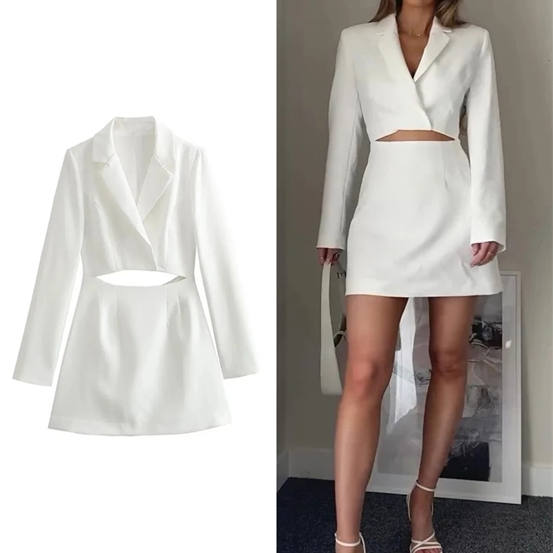 TRAF Womens Long Sleeve Hollow Out Suit Fashion Lapel Dress Split Mini Dress Retro Elegant Casual Blazer 250517