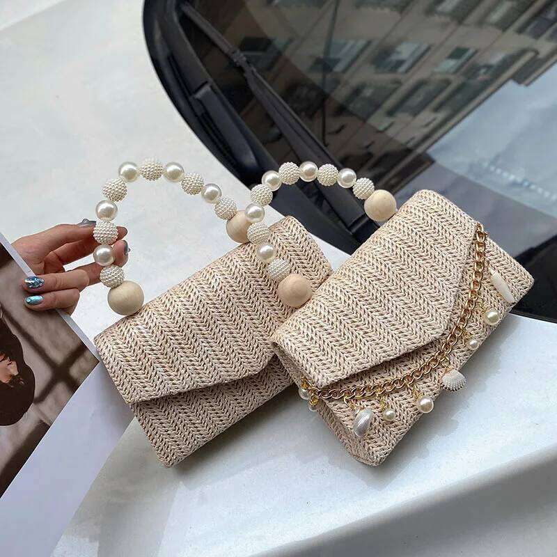 Women's Bags Designer Fashion Pearl Handle Handbags Shell Conch Chains Straw Bags For Women Summer Travel Woven Beach Shoulder Crossbody Bag
