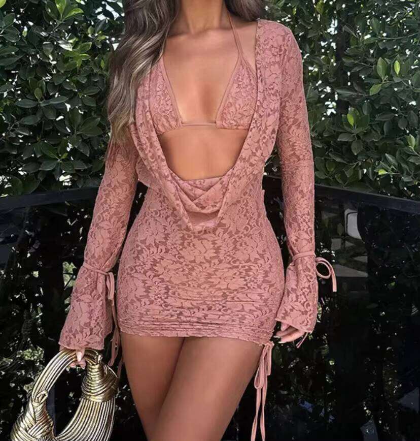 Peeqi G24st029 Women Lace Dress Set Lady See Through Bodycon Long Sleeve Backless Night Club Wear Party Dresses Sexy