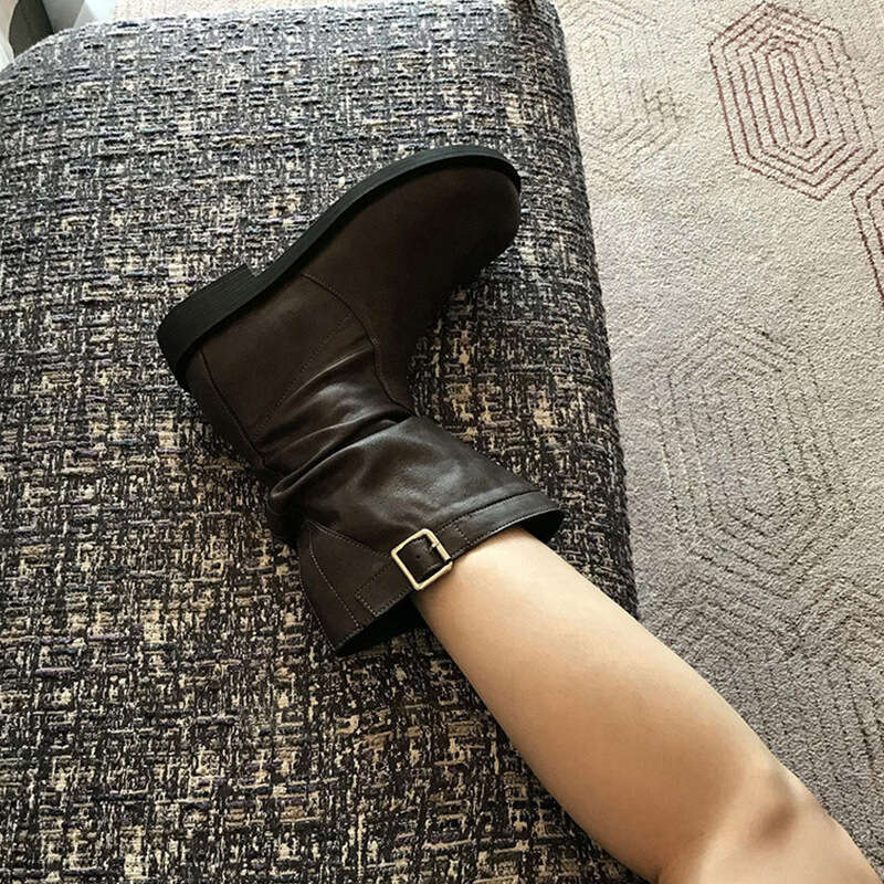 Genuine Leather Korean Style Short for Women 2024 Autumn Winter New Chunky Heel Round Toe Slouch Mid-Calf Slim Martin Boots