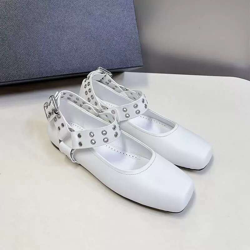 Genuine Leather Studded Buckle Square Toe Shallow Mouth Flat Ballet for Women 2025 Spring Mary Jane Shoes