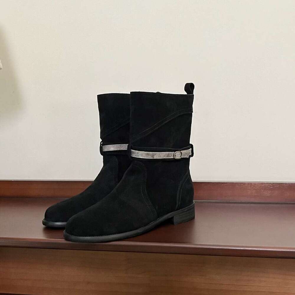 Korean Style Melard Belt Buckle Mid-Calf Short Women 2024 New Thick Heel Round Toe Western Cowboy Martin Boots