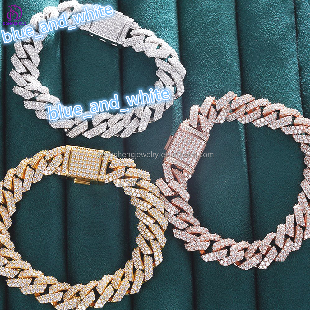 Custom Fashion Necklace 925 Sterling Silver 15mm Hip Hop Jewelry Ice Out VVS Moissanite Diamond Cuban Link Bracelet