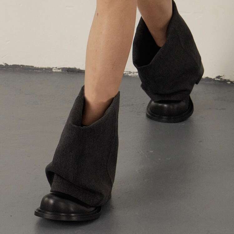 Genuine Leather Niche Denim Round Toe Chunky Heel Short for Women 2024 New Fashion Slouch Boots