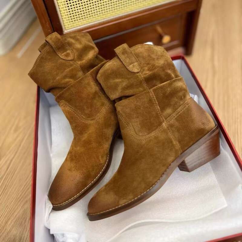 Niche Western Cowboy Mid-Calf Wrinkled Slouch Women 2024 New Autumn Winter Thick Heel Short Boots