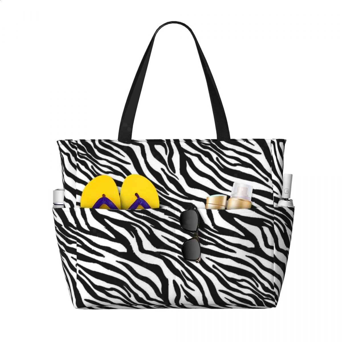 Zebra Stripe Travel Tote Bag Large Sandproof Beach with Zipper and Pockets for Womens Vacation Gym Travel 250528