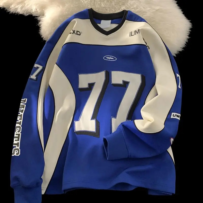 American Retro Motorcycle Long Sleeved Shirt Men Women Autumn Street Cool Patchwork Sports Ice Hockey Suit Sweatshirt 250527