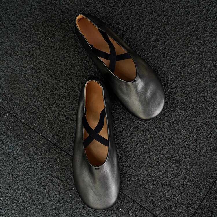 Genuine Leather Niche Round Toe Cross Strap Soft Sole Flat Ballet Shallow Mouth Mary Jane Single Shoes for Women Summer Autumn
