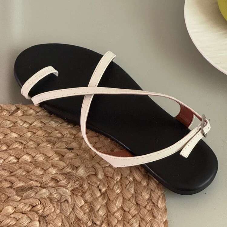 Cowhide Version ~ Korean INS Style Round Cross Strap Sandals for Women 2025 Summer Toe Clip Flat Roman Shoes