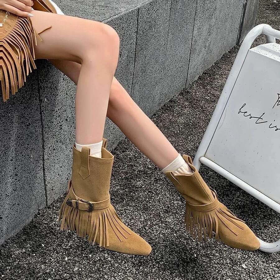 Unique Two-Way Design Fringe Pointed Toe Martin Western Cow for Women Autumn Winter Mid-Calf Flat Short Boots