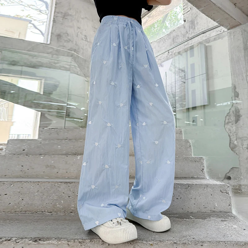 Girls Summer 2025 product thin love wide-leg pants ice silk pants girl Yamamoto pants childrens summer straight outer wear 250528