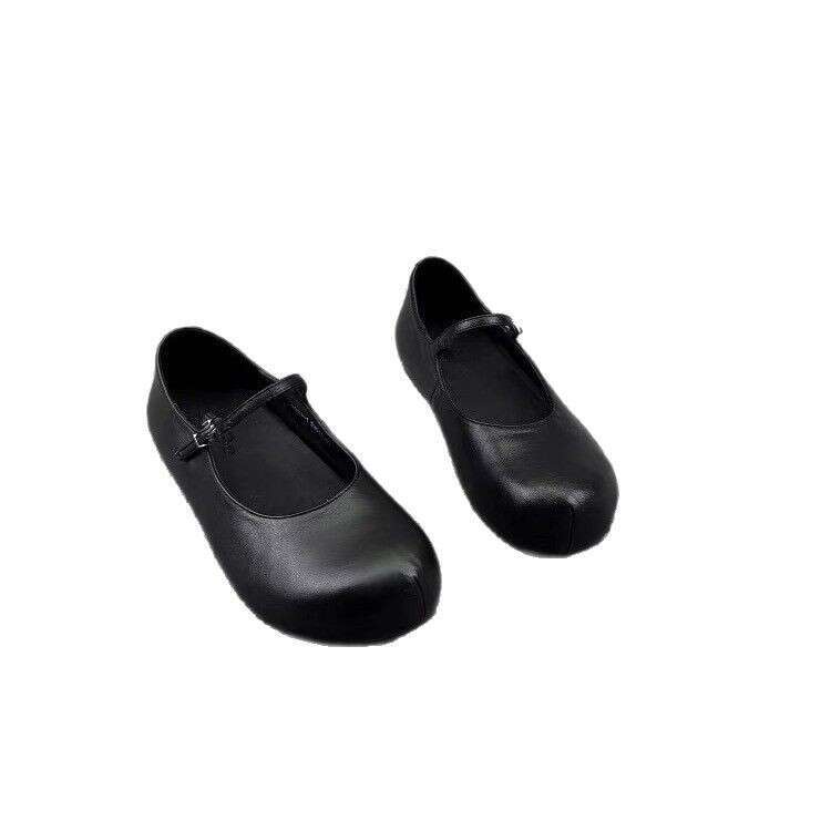 Genuine Leather Korean Style Chunky Hidden Heel Buckle Strap Single for Women 2025 New Spring Summer Mary Jane Flat Shoes