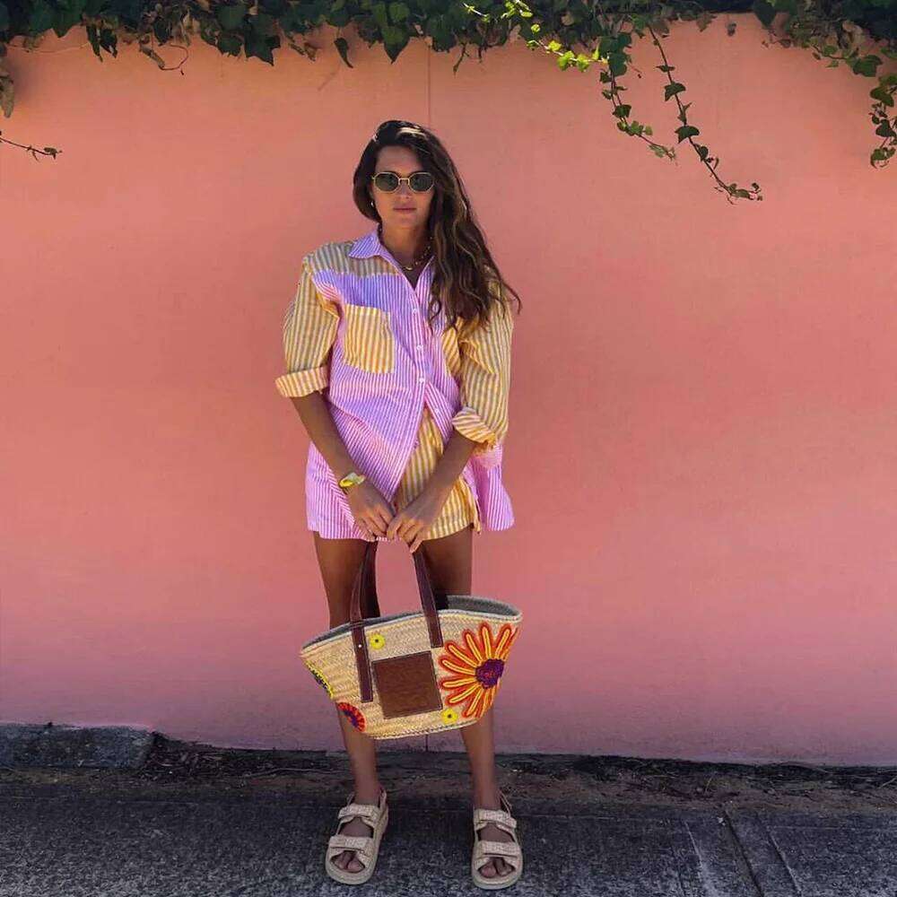 Women's Wear INS V Neck Long Sleeves Loose Shirt Elastic Waist Short Pants Women Orange Pink Contrast Color Suit Set ZATT Spring New