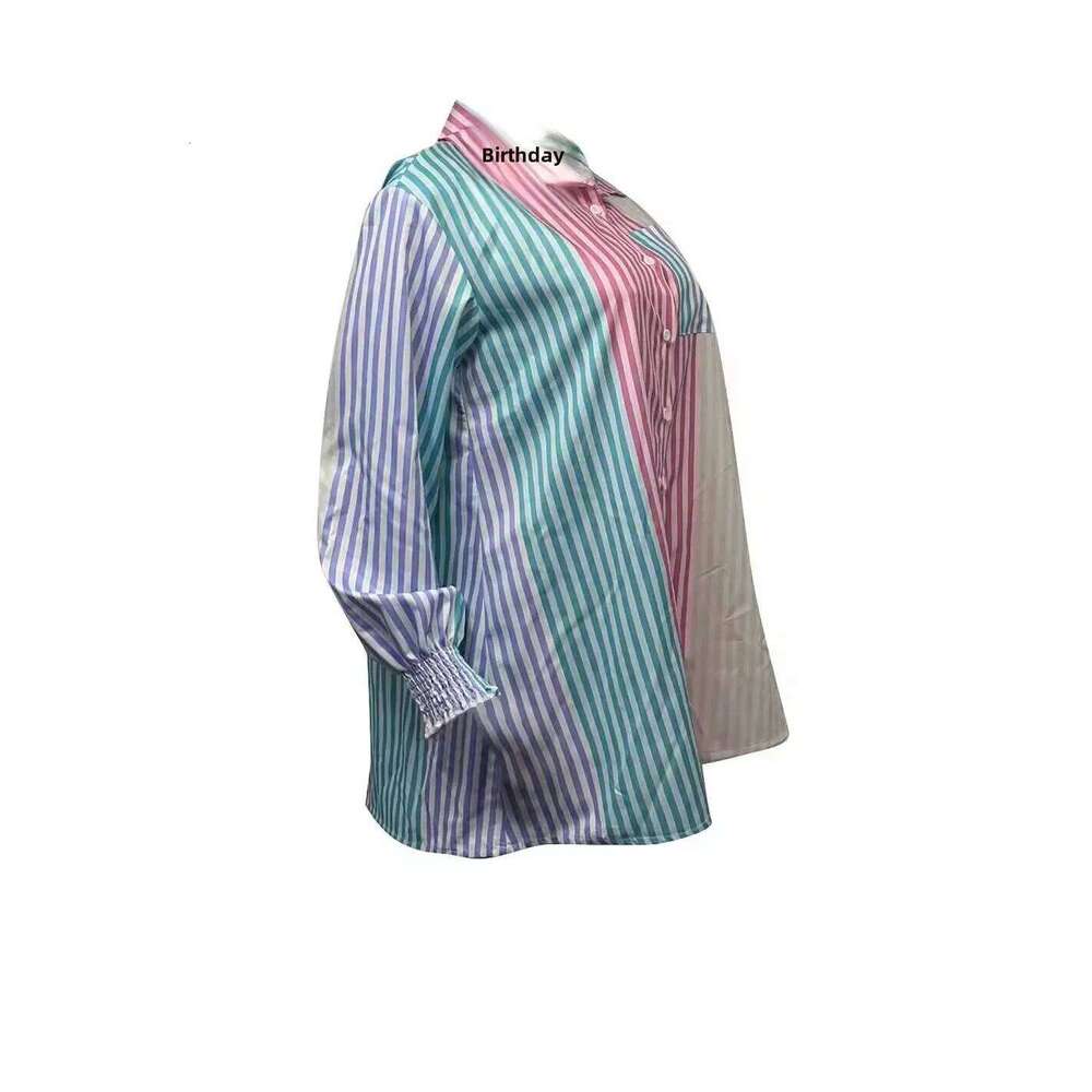 Women's Wear Pd002 New 2023 Fashionable Stripe Print Long Sleeve Shirt Loose Fit Casual Women's Top With Pocket China Mainland Origin