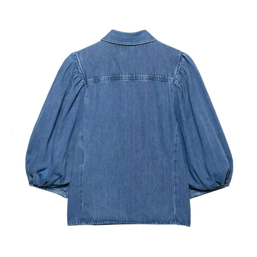 Zevity Women Fashion Turn Down Collar Breast Casual Denim Blouse Femme Pleated Half Sleeve Shirt Chic Chemise Blusas Tops LS9131