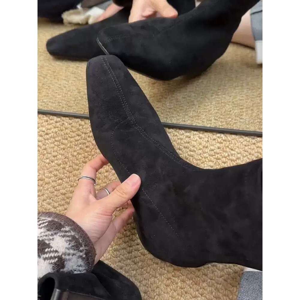 Korean Style Simple Suede Hidden Heel Flat Square Toe Stretch Slim Short Women Autumn Winter New Fashion Boots