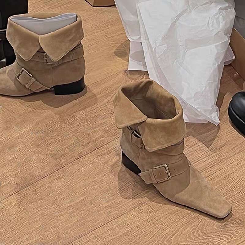 Korean Style Niche Suede Belt Buckle Chunky Heel Square Toe Short Slim Women Autumn Winter Western Cowboy Boots