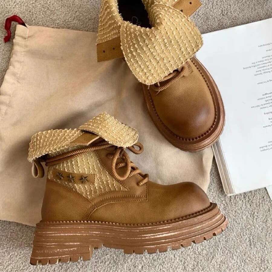 British Style Martin for Women 2024 Autumn Winter New Thick Sole Chunky Heel Height Increasing Turn-Up Two-Way Round Toe Short Boots