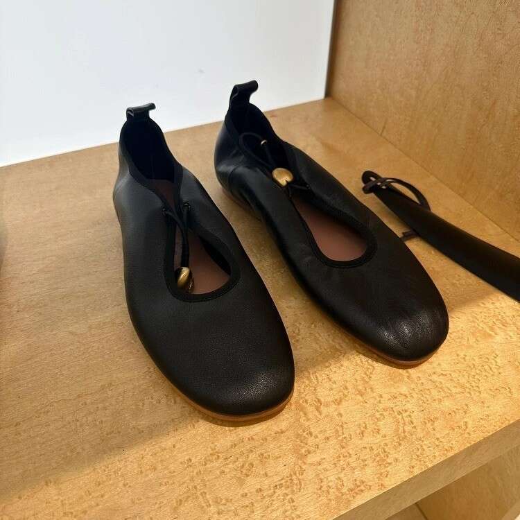 Korean Style Genuine Leather Niche Silver Flat Ballet Drawstring Round Toe Mary Jane Single Shoes Women Spring Autumn New Loafers