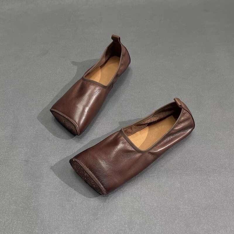 Genuine Leather French Niche Design Square Toe Slip-On Flat Shoes for Women Summer Autumn Comfortable Loafers