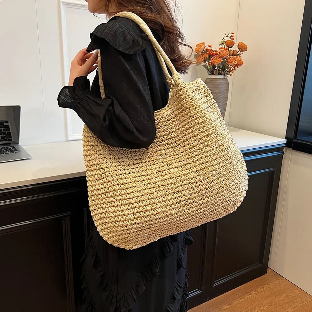 Women Straw Tote Handbag Large Capacity Vintage Shoulder Bag Solid Color Crochet Beach Handbag Ladies Summer Daily Bag 250523CJ