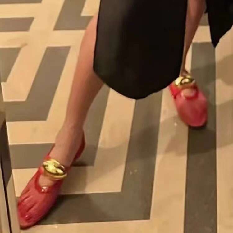 Red Metal Buckle Fishnet Hollow Flat Ballet One-Strap Mary Jane Women's Spring Summer Style Single Shoes Sandals