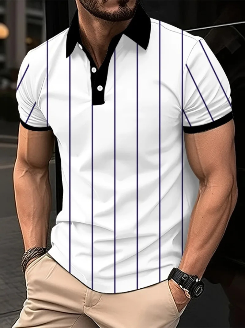 Mens Summer Fashion Trend 3D Plaid Print Short-sleeved Polo Casual Street Sports Stripe Polo Tops 250528