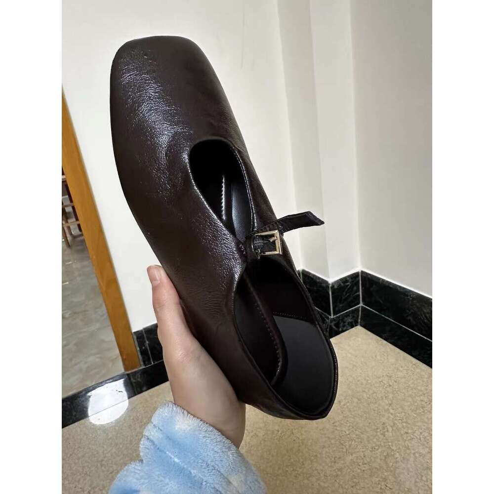 Genuine Leather French One-Strap Ballet Flats for Women 2025 Spring Square Toe Flat Mary Jane Shoes