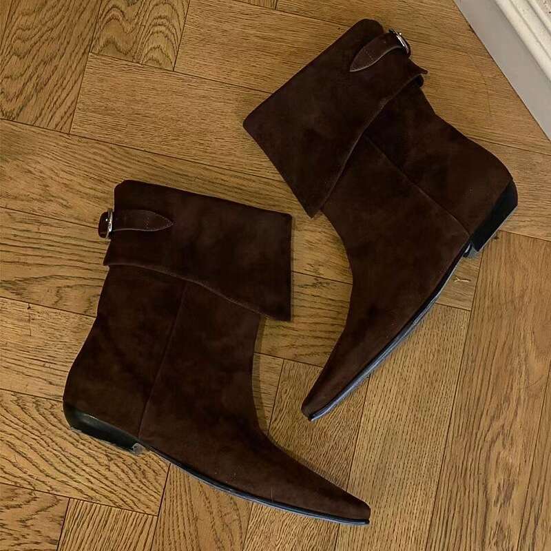 Korean Style Niche Folded Chelsea Slim Short for Women Autumn Winter Fleece Lined Flat Small Square Toe Western Cowboy Boots