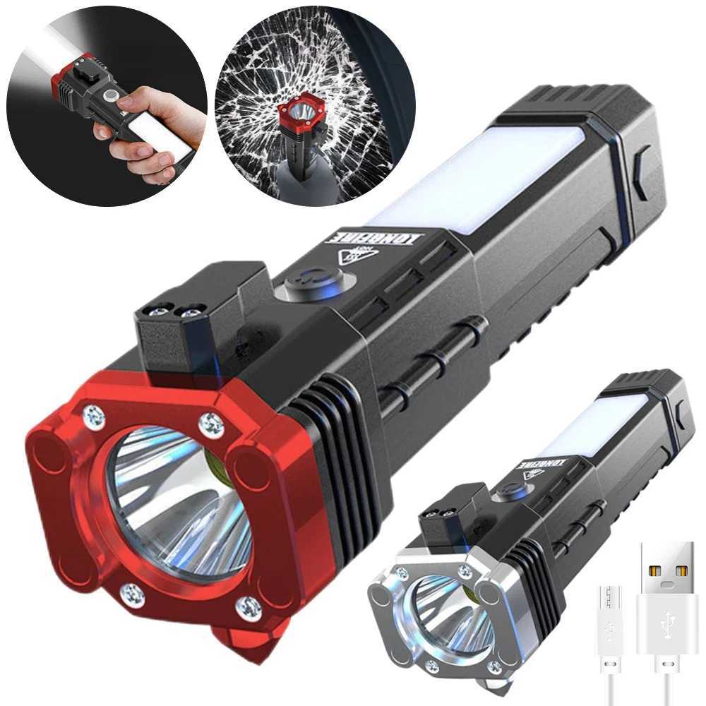 Super Bright LED Flashlight with Safety Hammer and Strong Magnets Side Light Torch Light Portable Lantern for Adventure Camping XJ250529