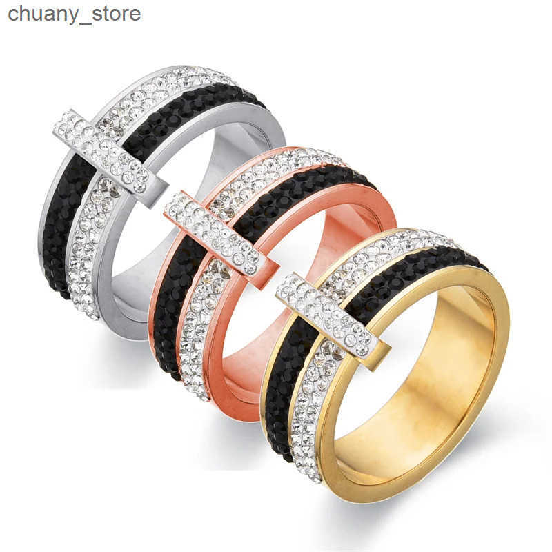 FYSARA Classic Crystal Letter Geometric Stainless Steel Ring for Women Shiny Zircon Ring White Black Cross Jewelry Set z250529C7EH