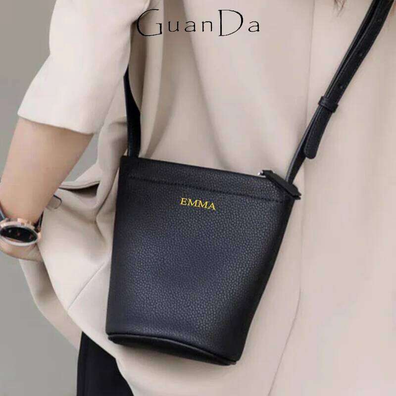 Custom Initials Woman Cell Phone Leisurely Bucket Shoulder Handbag Fashion Genuine Leather Lady Crossbody Bag