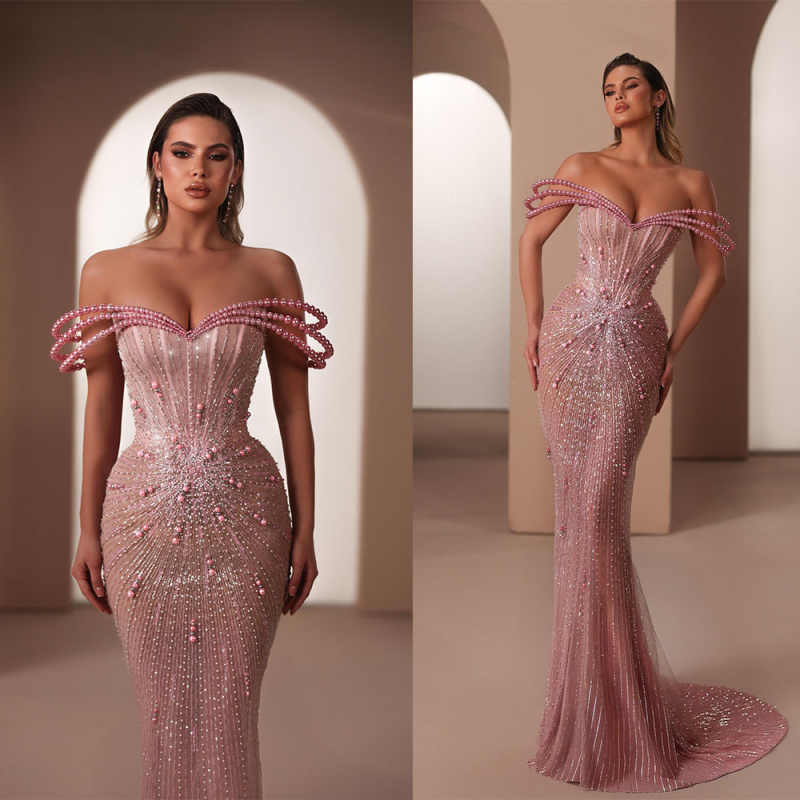 Luxury Evening Dresses For Women Sweetheart Neck Off Shoulder Gown Sequins Beaded Sweep Train Dress Party Customized Dress