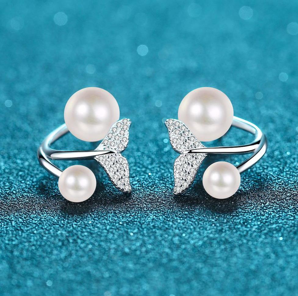 New S925 Sterling Silver Mermaid Tail Earrings with Freshwater Pearls and Moissanite Stones Two-Wear Fashion Jewelry for Women
