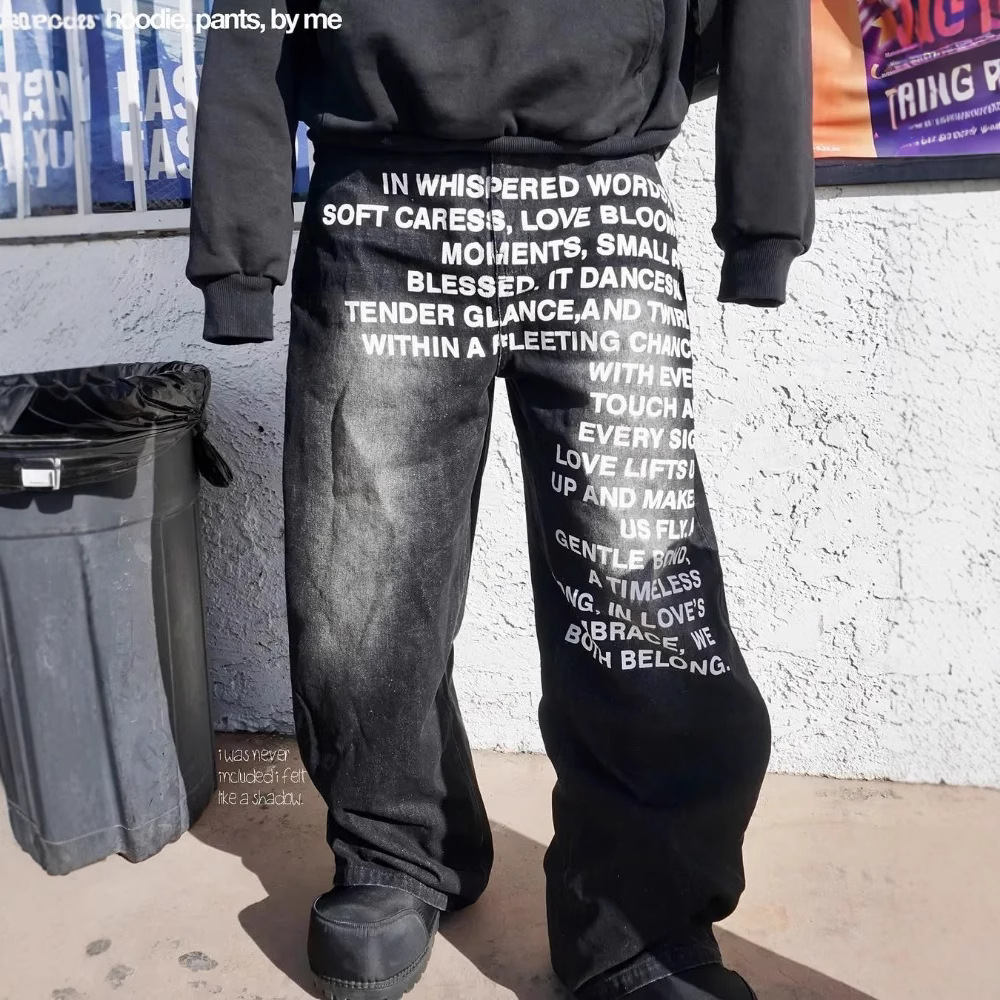 American Retro Street Hip-hop Wide-leg Pants European And American Cross-border Washed Letter Print Jeans Men's Loose Long Pants Trend