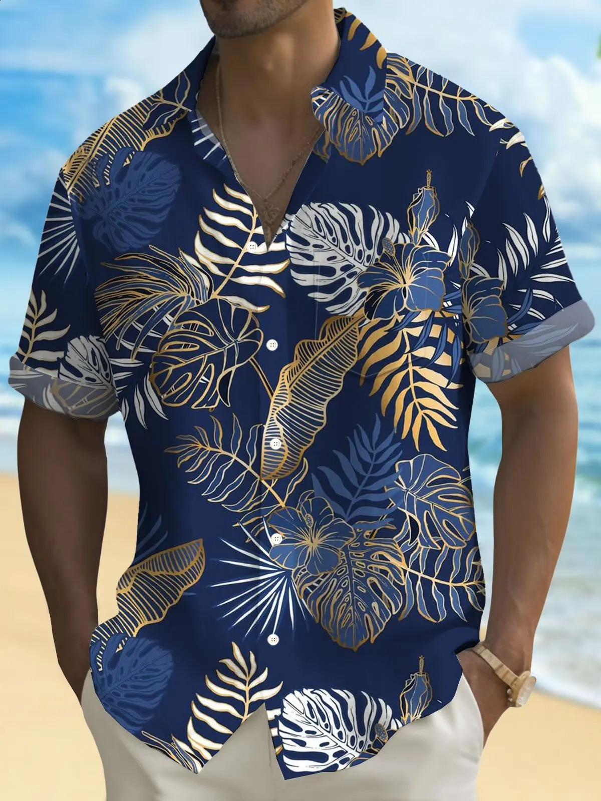 Hawaiian Plant Golden Leaves 3D Print Mens hawaiian Shirt Outdoor Street Casual Summer Turndown Short Sleeve Polyester Shirt 250526