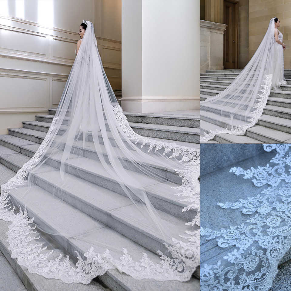 Elegant Wedding Veil White Ivory One Layer Long Cathedral Length Veils Appliques Edge Customized Bridal Accessories