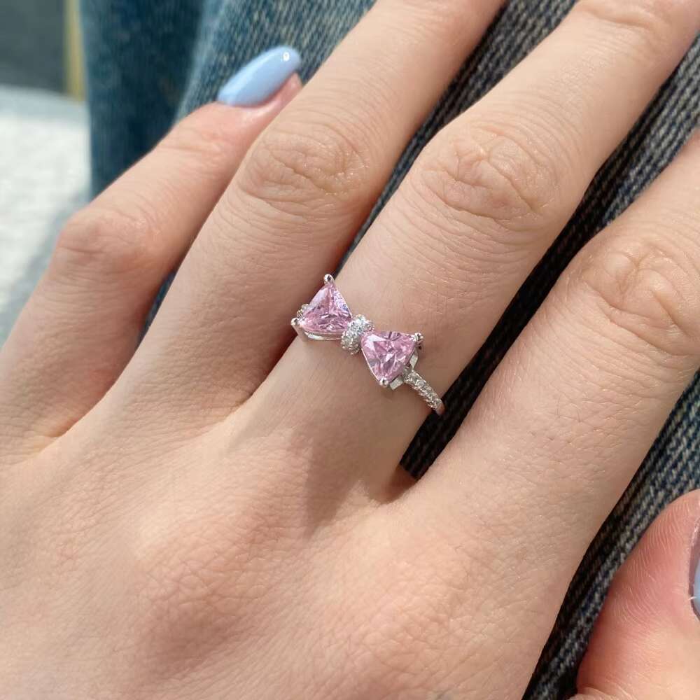 925 Sterling Silver Pink Diamond Ring Fashion Simple Love Drop Bow Full Diamond Ring for Women
