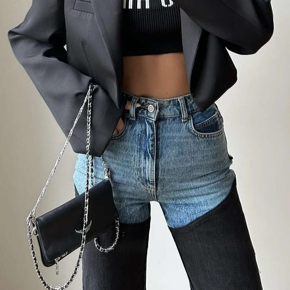 Spring New Fashion Casual Color Block Straight Leg Women's Distressed Jeans B5