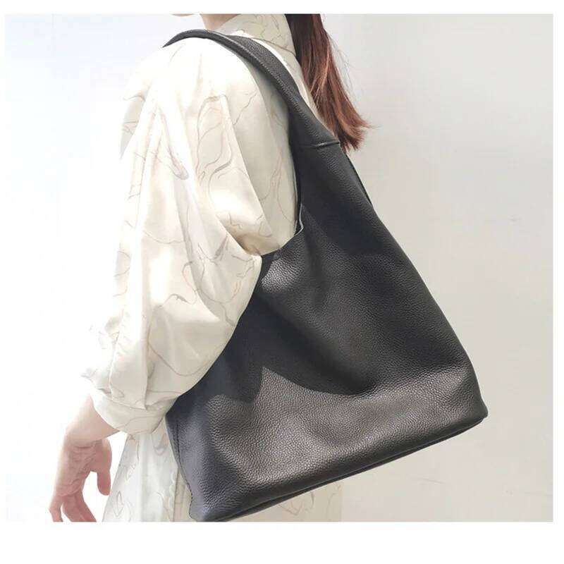 Famicare Full Grain 100% Genuine Leather Bag For Women Lady Female Shoulder Soft Cowhide Tote Bucket Handbag Large Capaci