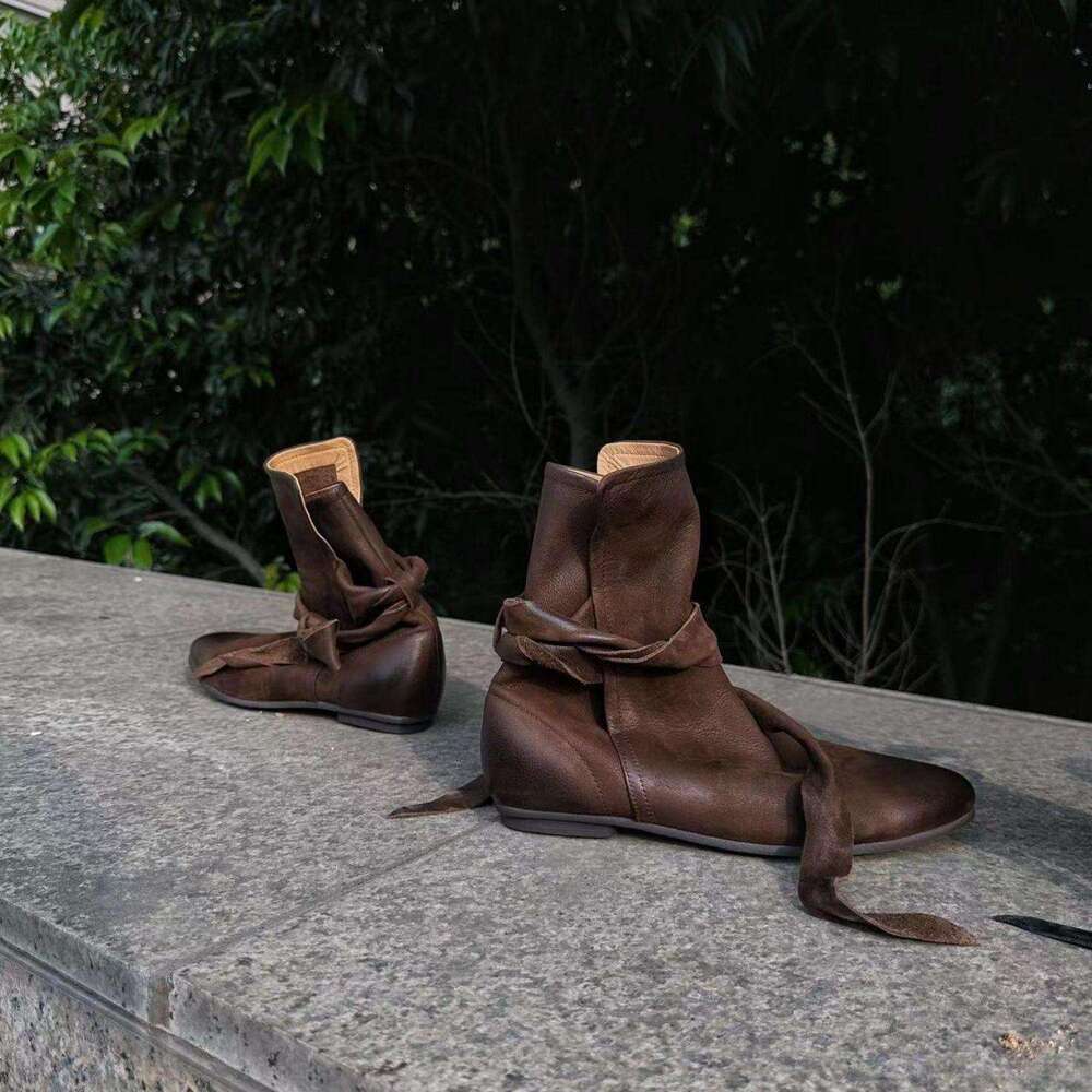 Genuine Leather Niche Design Bowknot Lace-up Ankle for Women Autumn Distressed Flat Bare Single Boots