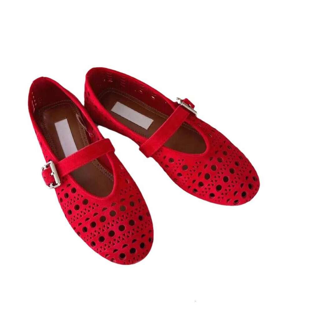 Genuine Leather Niche Carved Hollow Shallow Mouth Little Red One-Strap Mary Jane Single Women Summer Autumn Ballet Flat Shoes
